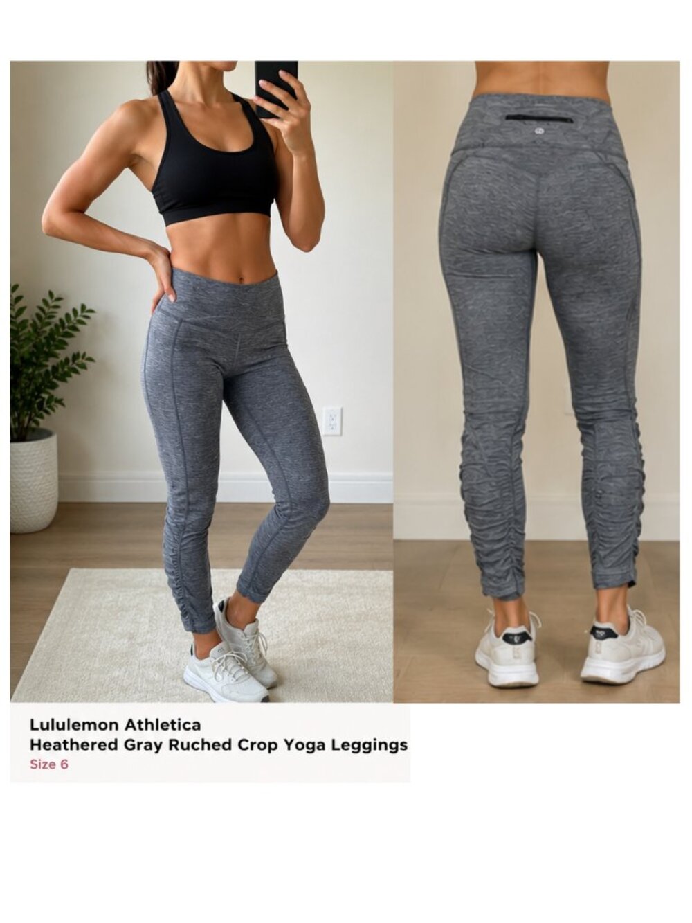 Lululemon Athletica Size 6 Heathered Gray Ruched Crop Yoga Leggings
